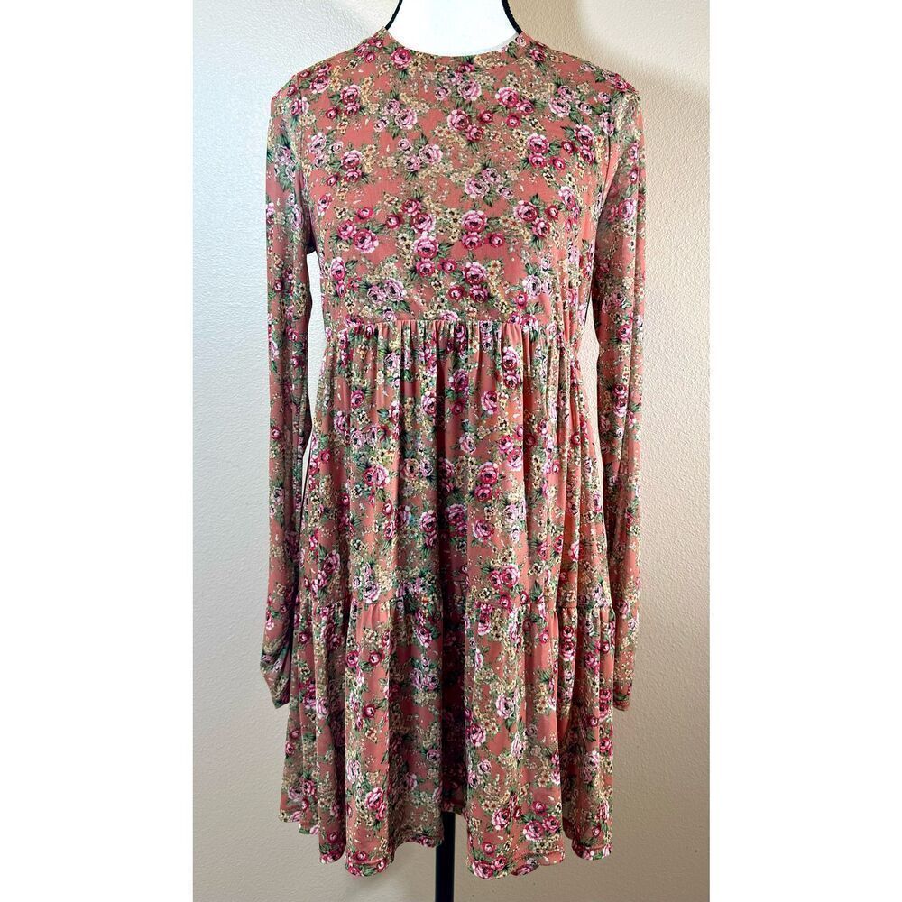 AFRM Floral Crew Neck Ruched Long Sleeve with Mesh Layer Women's Mini Dress S
